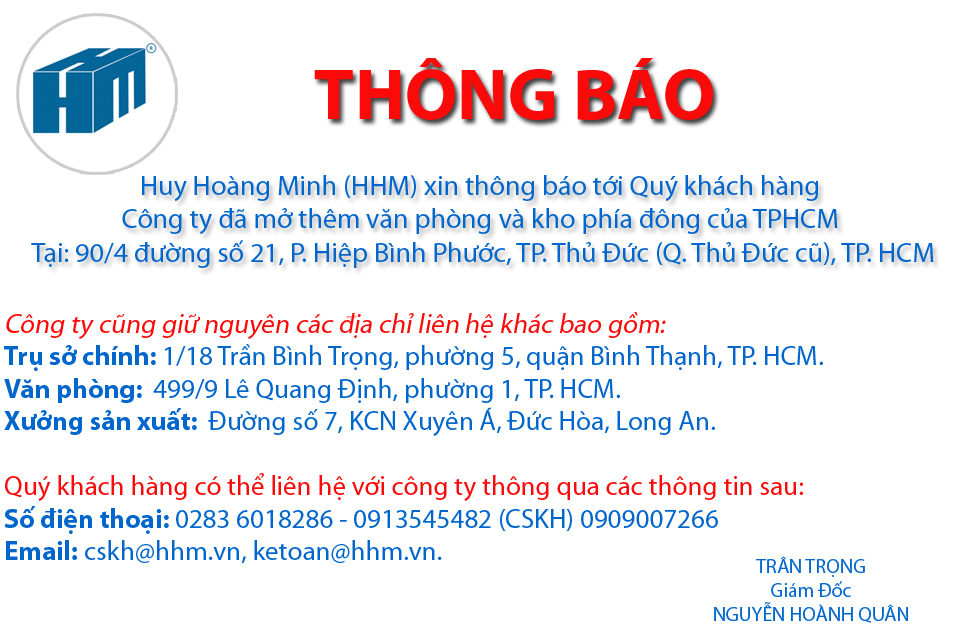 Thông Báo: Huy Hoàng Minh mở thêm văn phòng và kho phía đông TPHCM